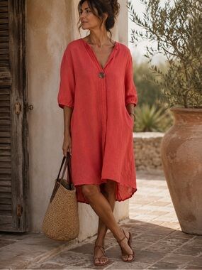 Made in Italy Coral Pull On Linen Tunic Dress Boho Lagenlook Summer Casual